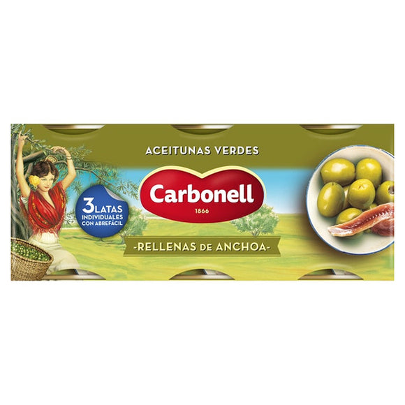 CARBONELL Aceitunas verdes rellenas de anchoa 3 x 50g