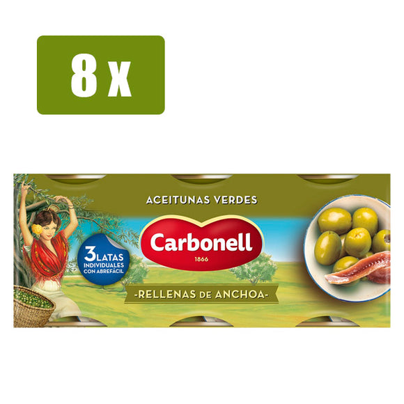 CARBONELL 8 x Aceitunas verdes rellenas de anchoa 3 x 50g