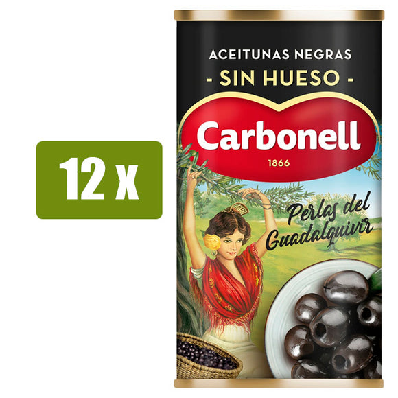 CARBONELL 12 x PERLAS DEL GUADALQUIVIR aceitunas negras sin hueso 150g